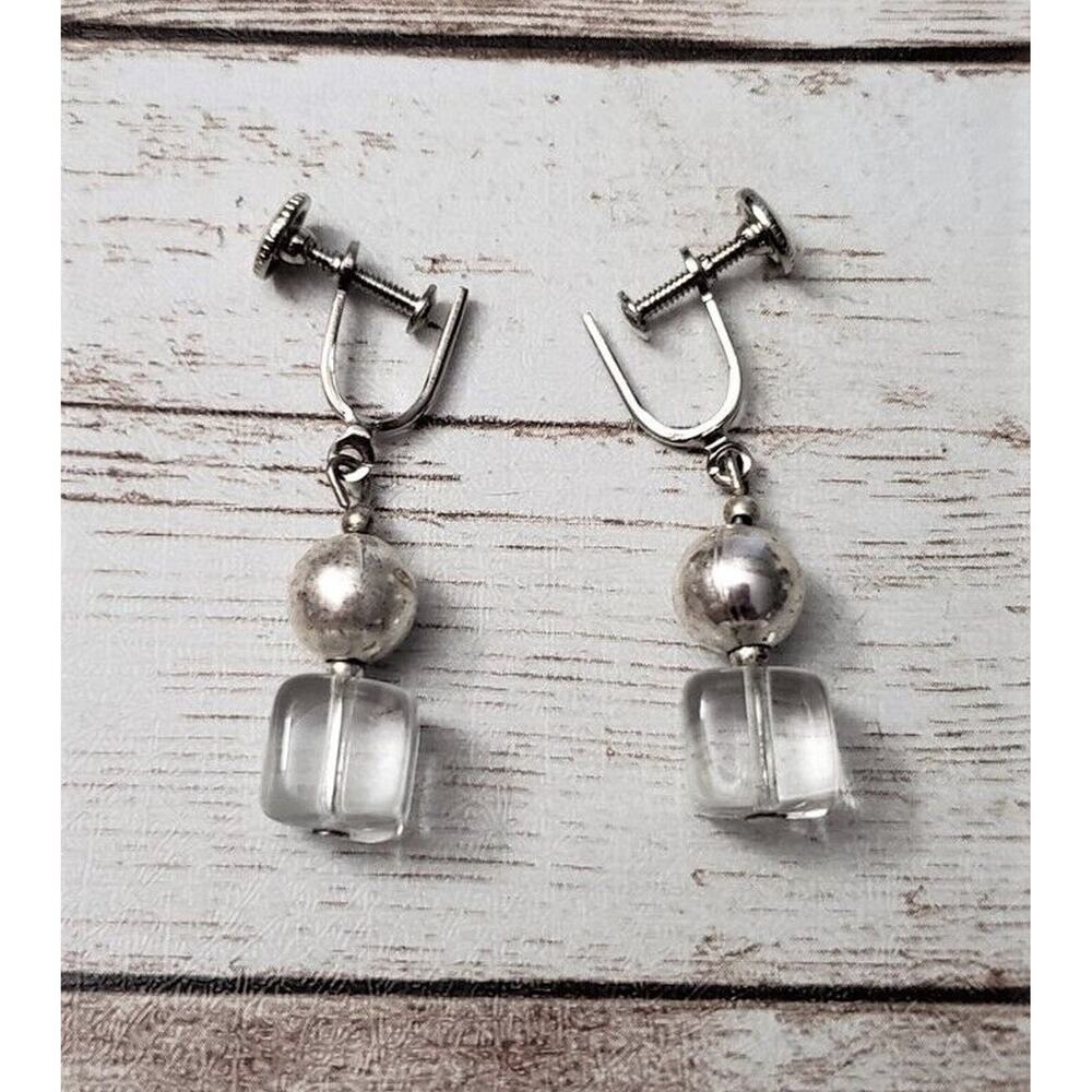 Vintage Screw Back Earrings - Clear Square & Silver Tone Ball Dangle Drop